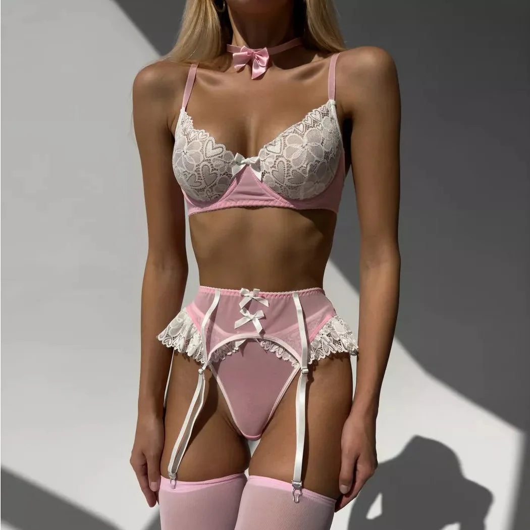 Chic Pink Lace Lingerie Set with Garter Belt