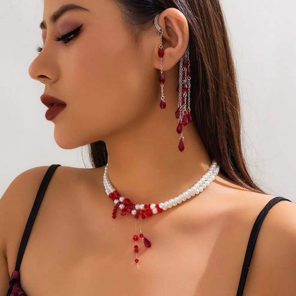 Elegant Pearl and Ruby Drop Jewelry Set