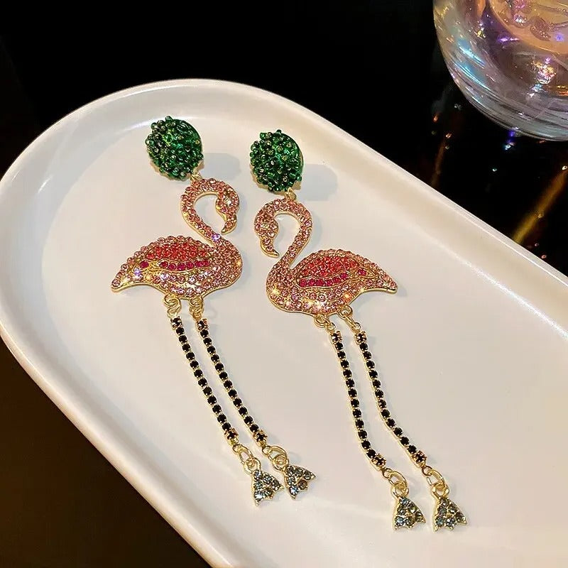 Glittering Flamingo Drop Earrings with Rhinestones