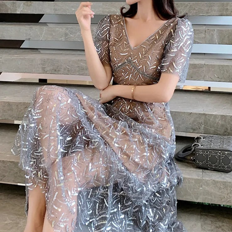 Elegant Sequin-Embellished Midi Dress - Sophisticated Party Elegance