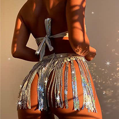 Holographic Bandeau and Fringed Skirt Bikini Set