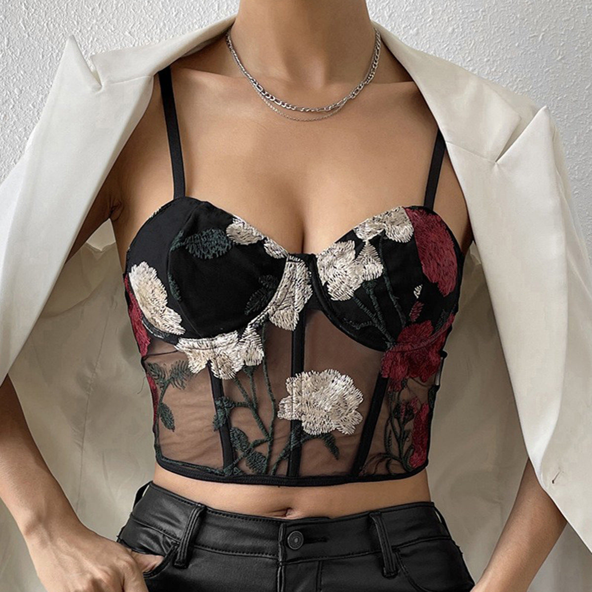 Embroidered Floral Mesh Corset Top