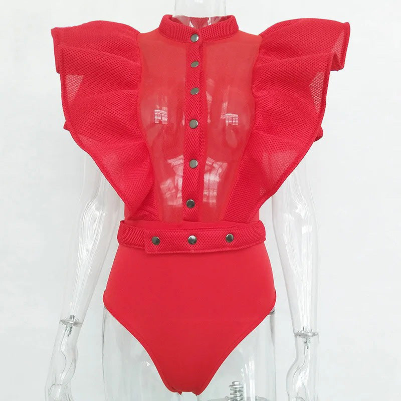 Bold Red Mesh Bodysuit with Puff Sleeves