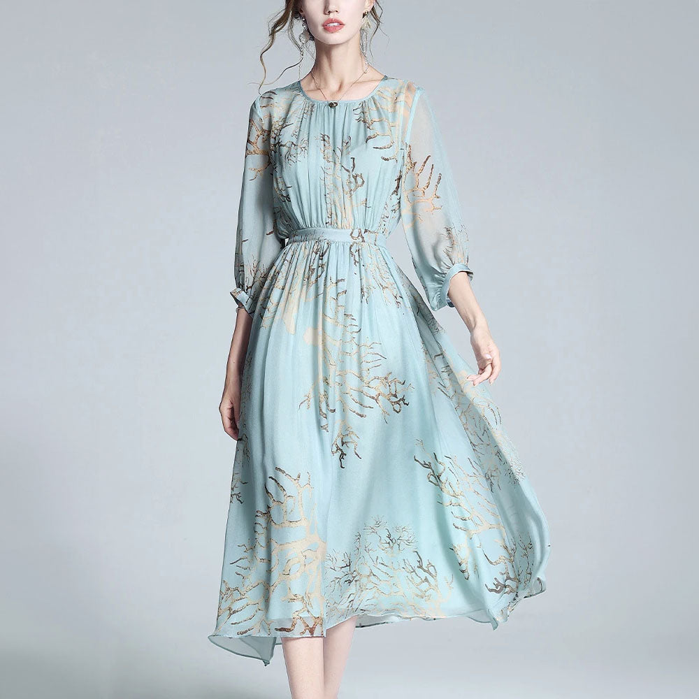 Chic Aqua Blue Midi Dress with Golden Embroidery