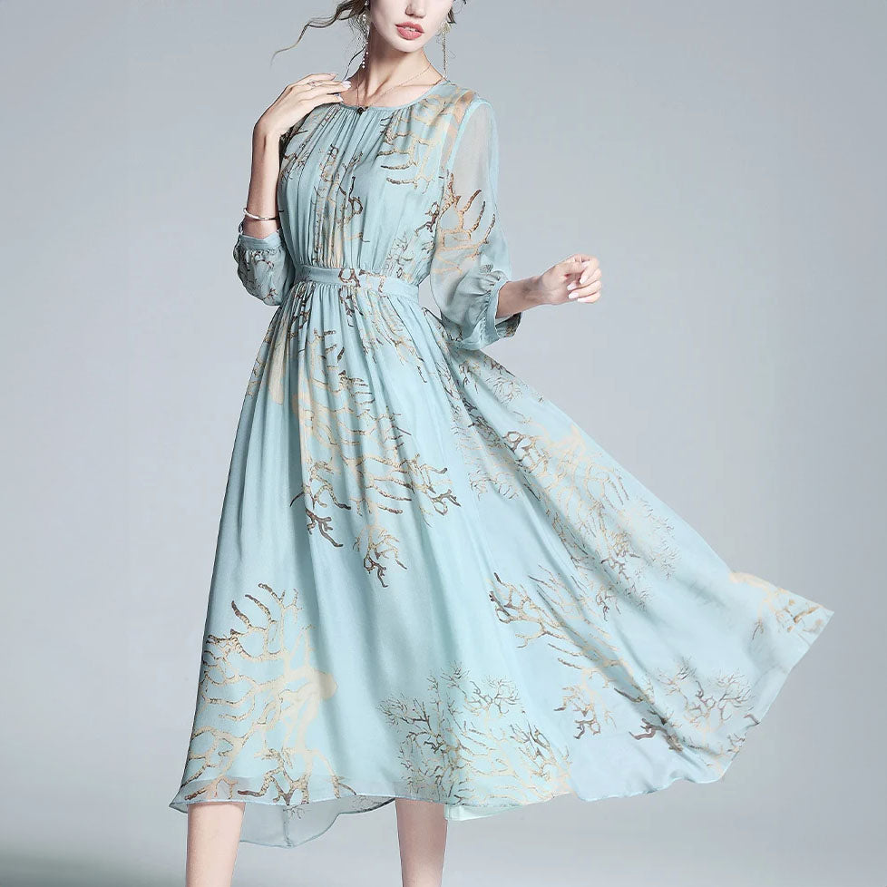 Chic Aqua Blue Midi Dress with Golden Embroidery