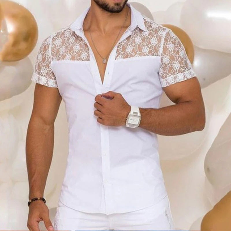 Chic Lace Panel Men's Casual Shirt