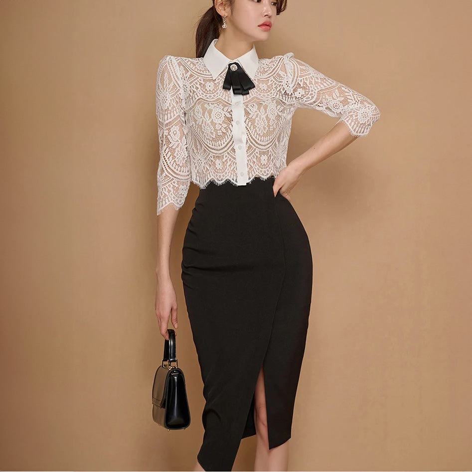Chic White Lace Blouse with Black Bow