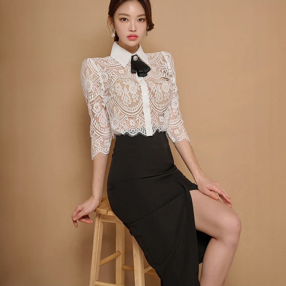 Chic White Lace Blouse with Black Bow