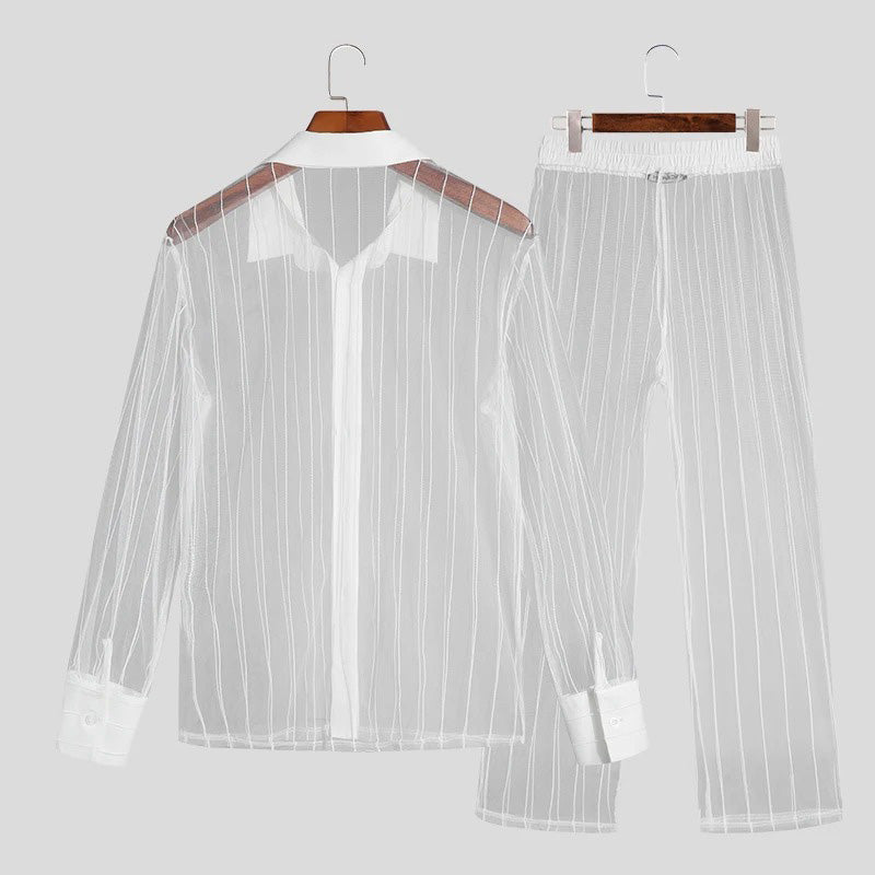 Contemporary Men's Sheer Stripe Set: Shirt & Trousers Ensemble