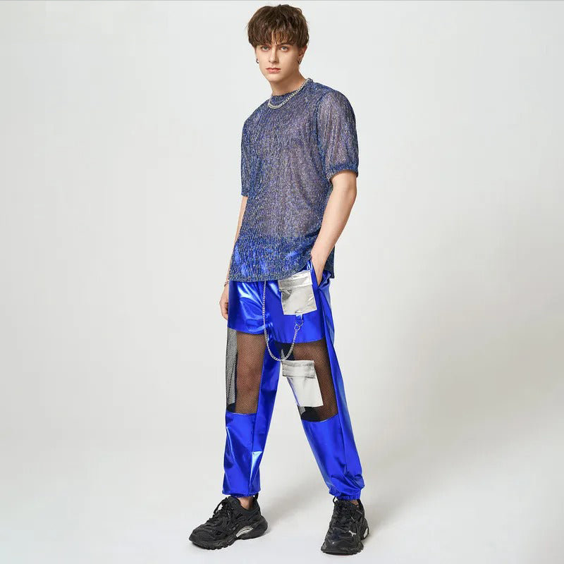 Electric Blue Mesh-Paneled Streetwear Trousers