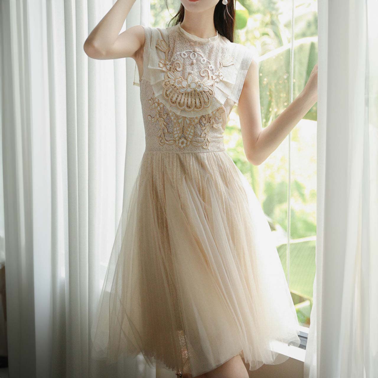 Enchanted Blush Tulle Dress with Golden Embroidery