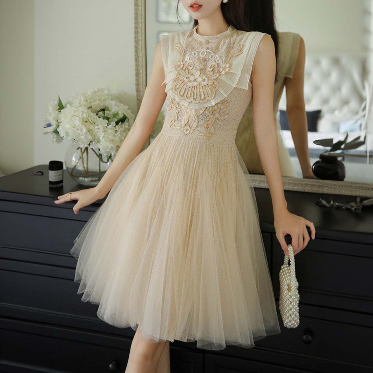 Enchanted Blush Tulle Dress with Golden Embroidery