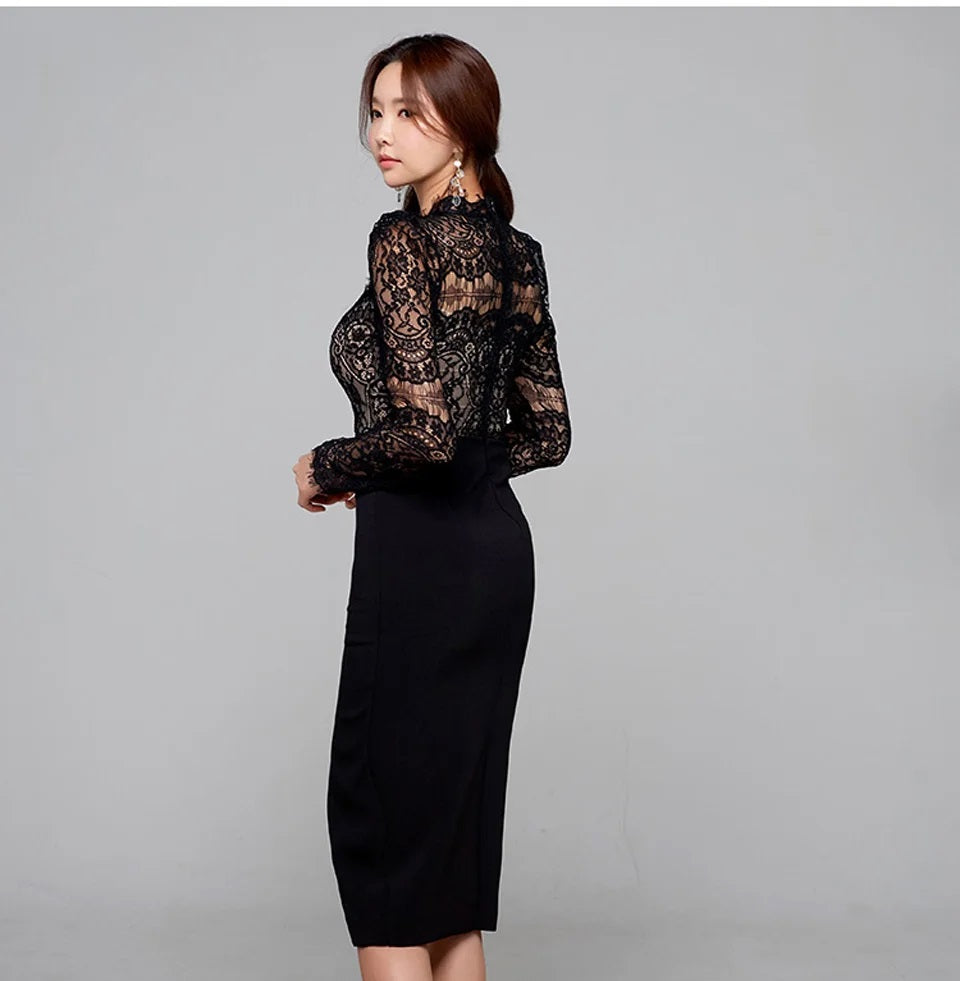 Elegant Black Lace High-Neck Top and Pencil Skirt Set