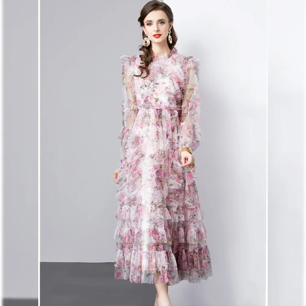 Romantic Floral Ruffle Dress | Dreamy Pink Elegance