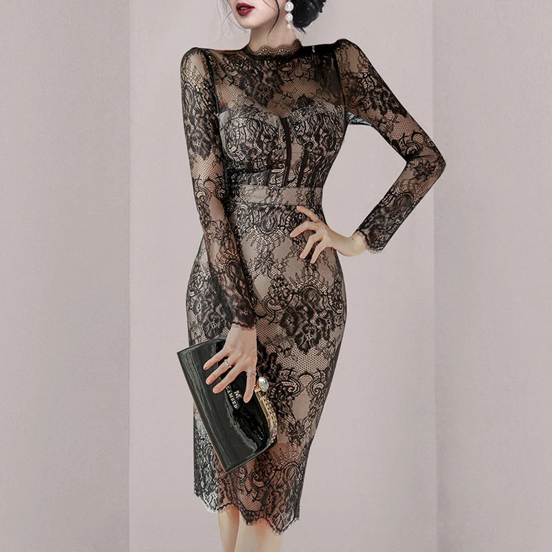 Sultry Black Lace Bodycon Dress with Sheer Sleeves