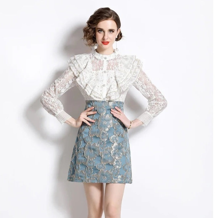 Elegant Floral Lace Blouse and Blue Floral Skirt Set