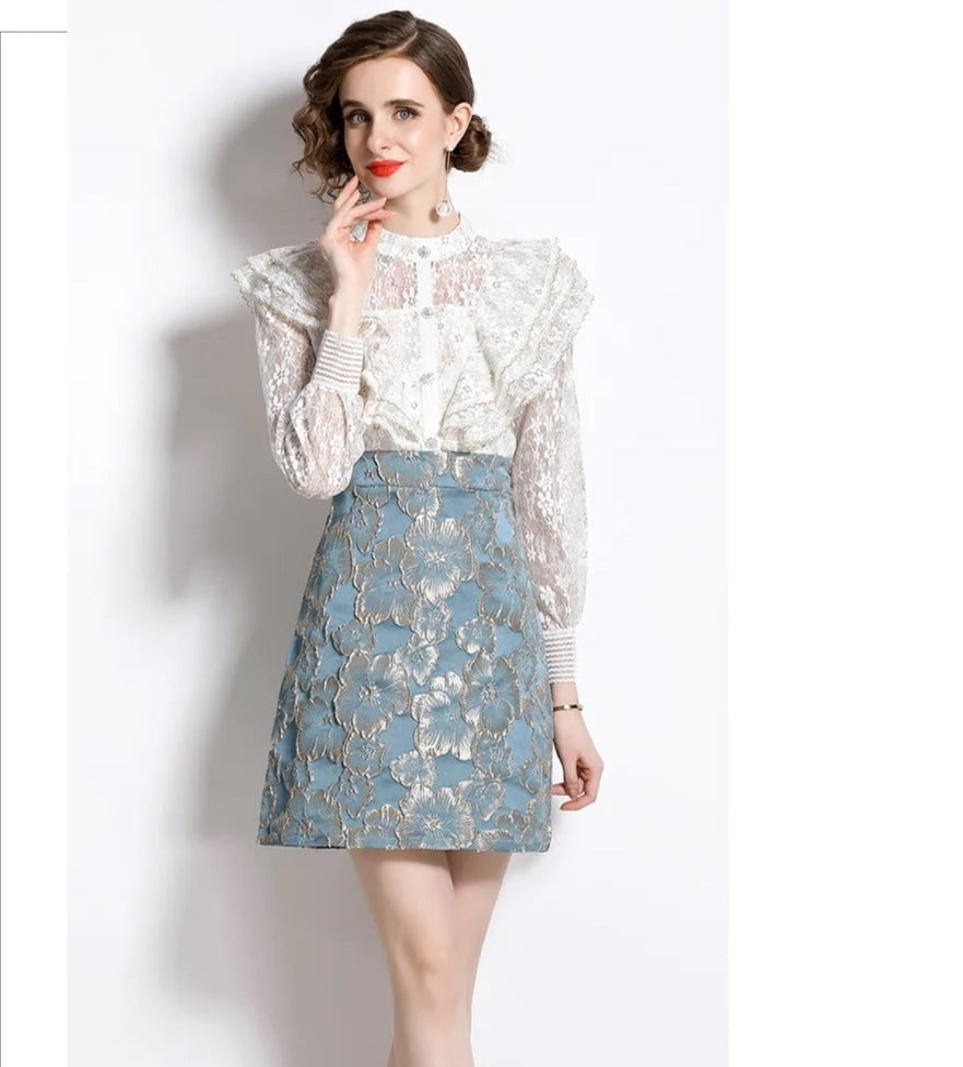Elegant Floral Lace Blouse and Blue Floral Skirt Set