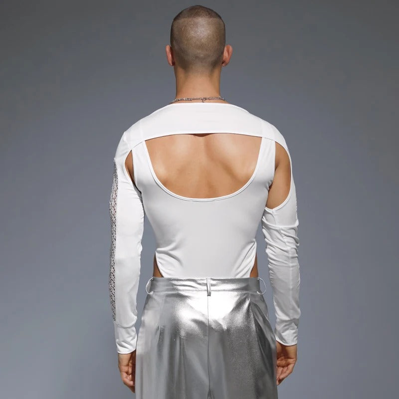 Sleek Noir Mesh-Panelled Men's Bodysuit