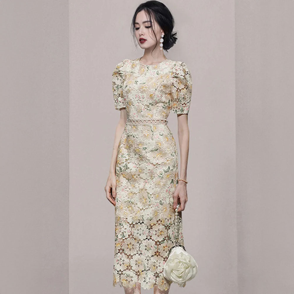 Summer Blossom Lace Midi Dress in Pastel Palette
