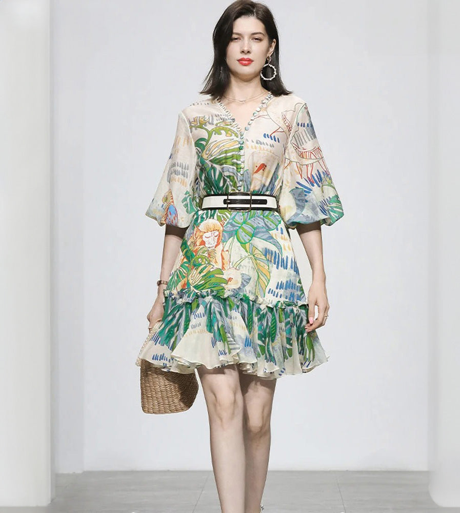Abstract Art-Inspired Ruffle Mini Dress