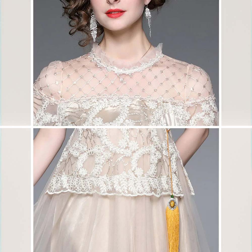 Vintage-Inspired Ivory Lace Top and Tulle Midi Skirt Set
