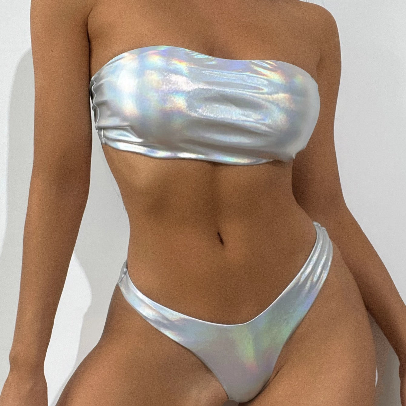 Holographic Bandeau and Fringed Skirt Bikini Set