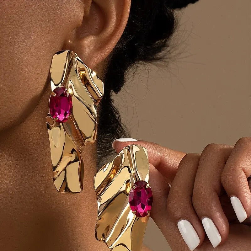 Gold Statement Earrings with Ruby Accent
