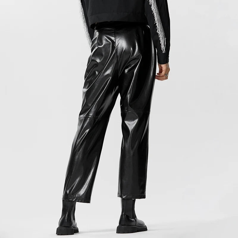 Sleek Contrast Stripe Faux Leather Trousers for Men