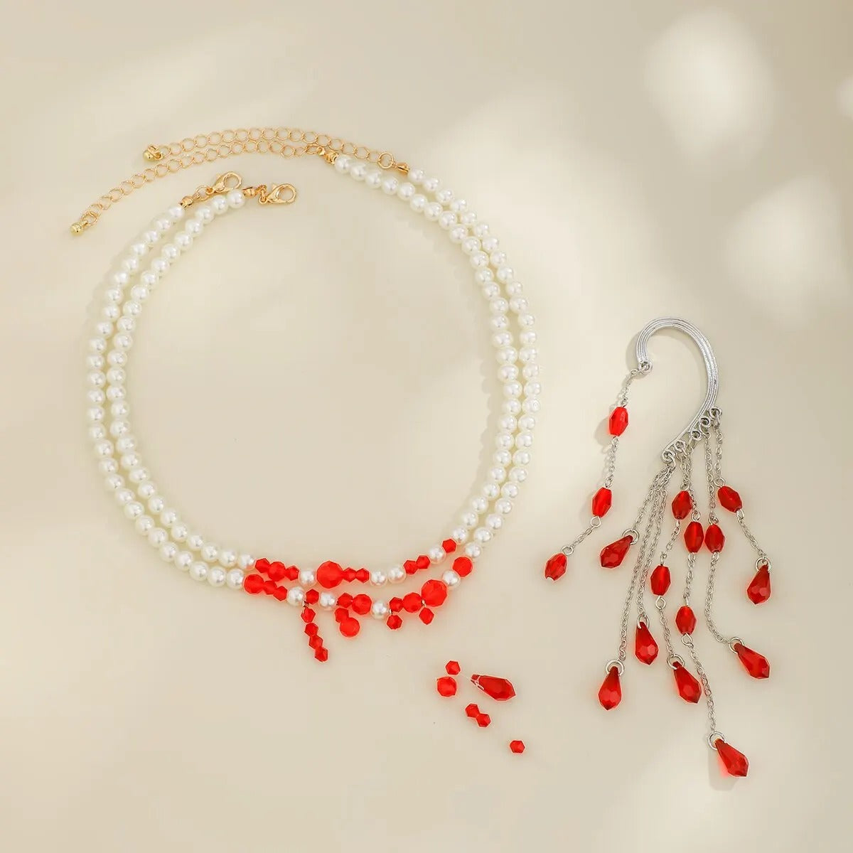 Elegant Pearl and Ruby Drop Jewelry Set