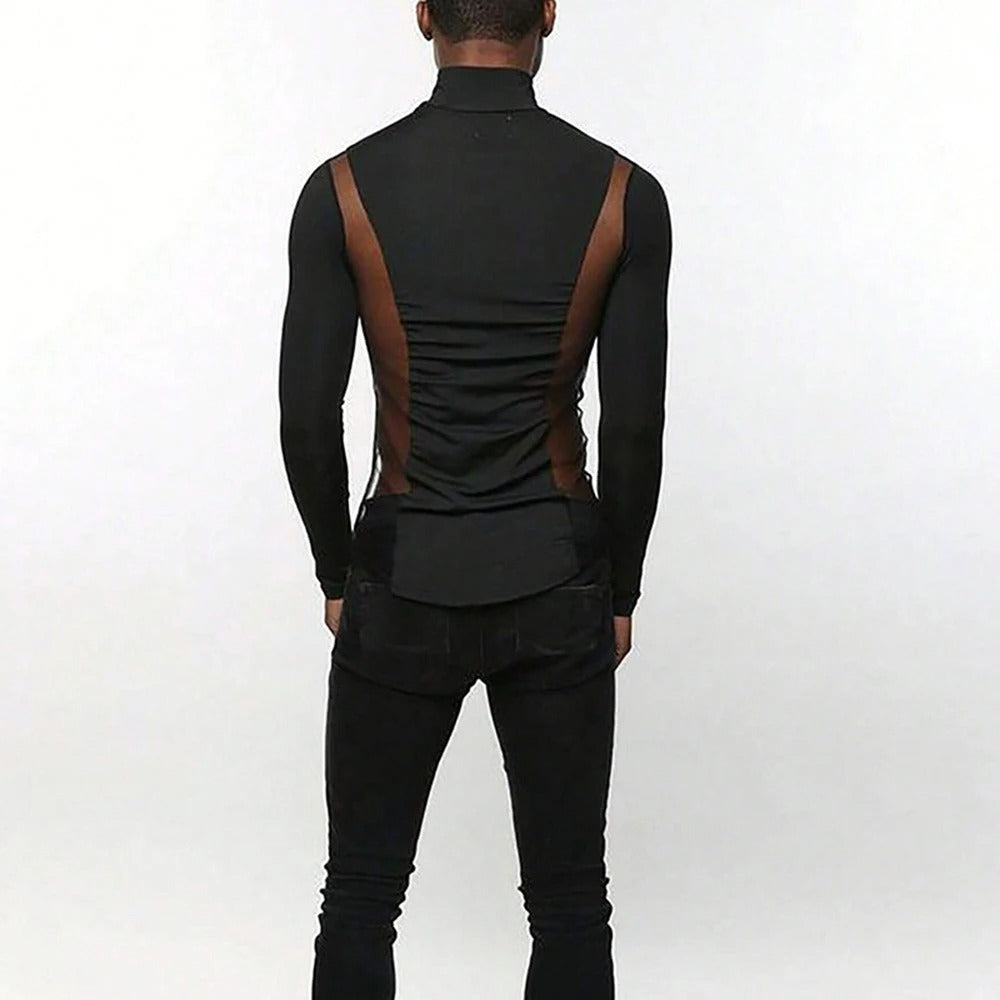 Sleek Noir Sheer Panel Turtleneck Bodysuit