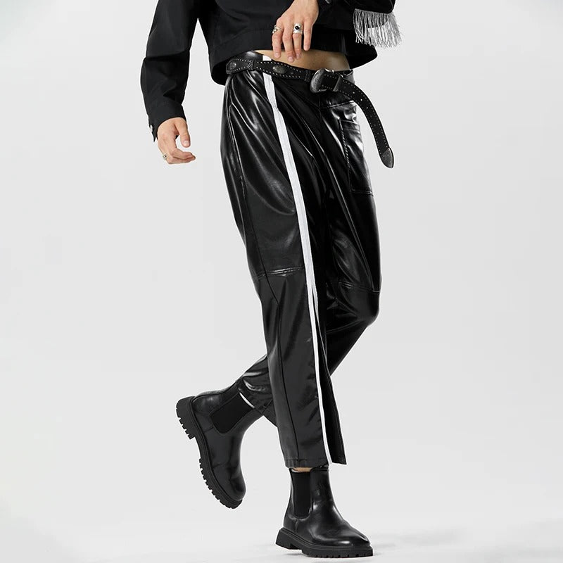 Sleek Contrast Stripe Faux Leather Trousers for Men