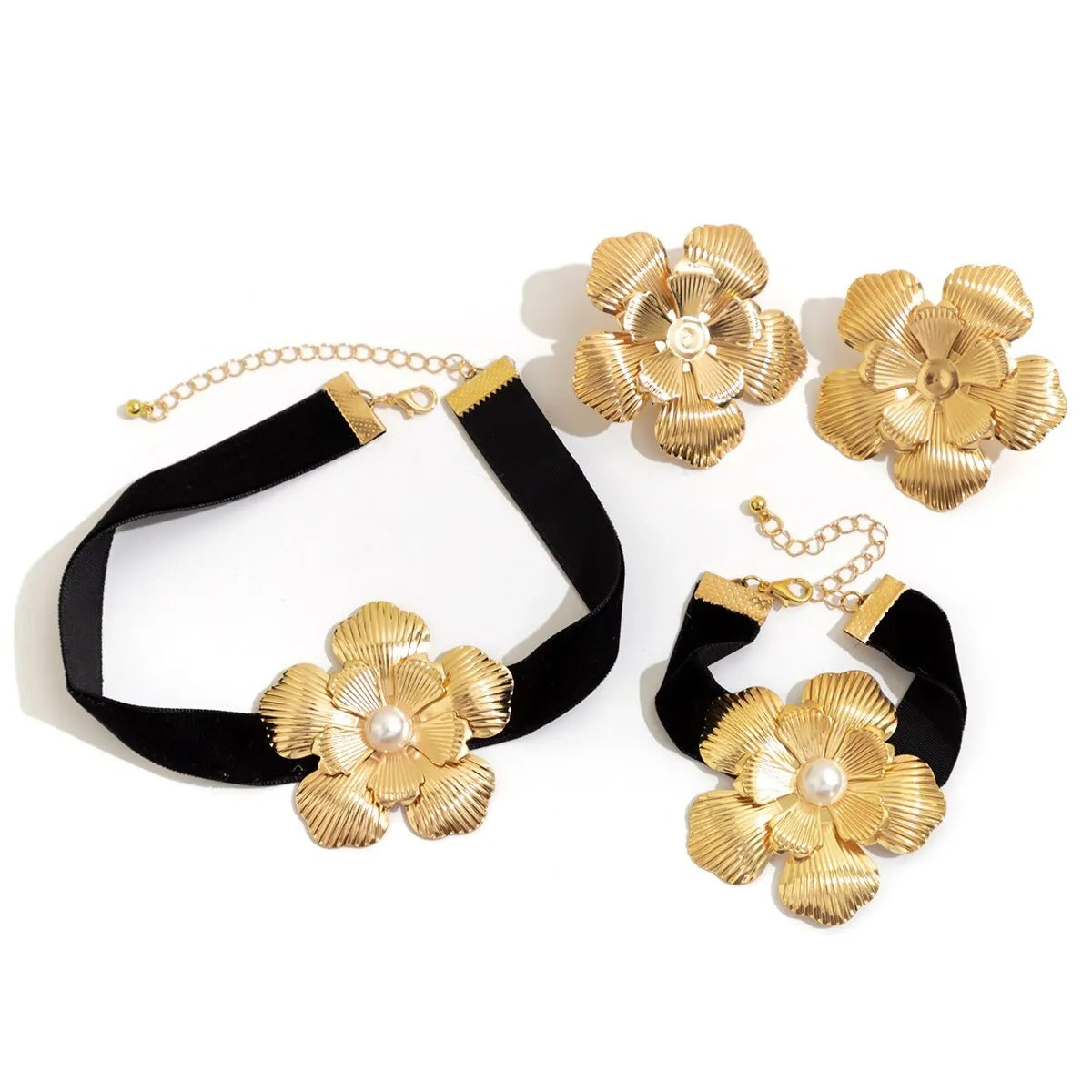 Golden Floral Jewelry Set with Pearl Accents