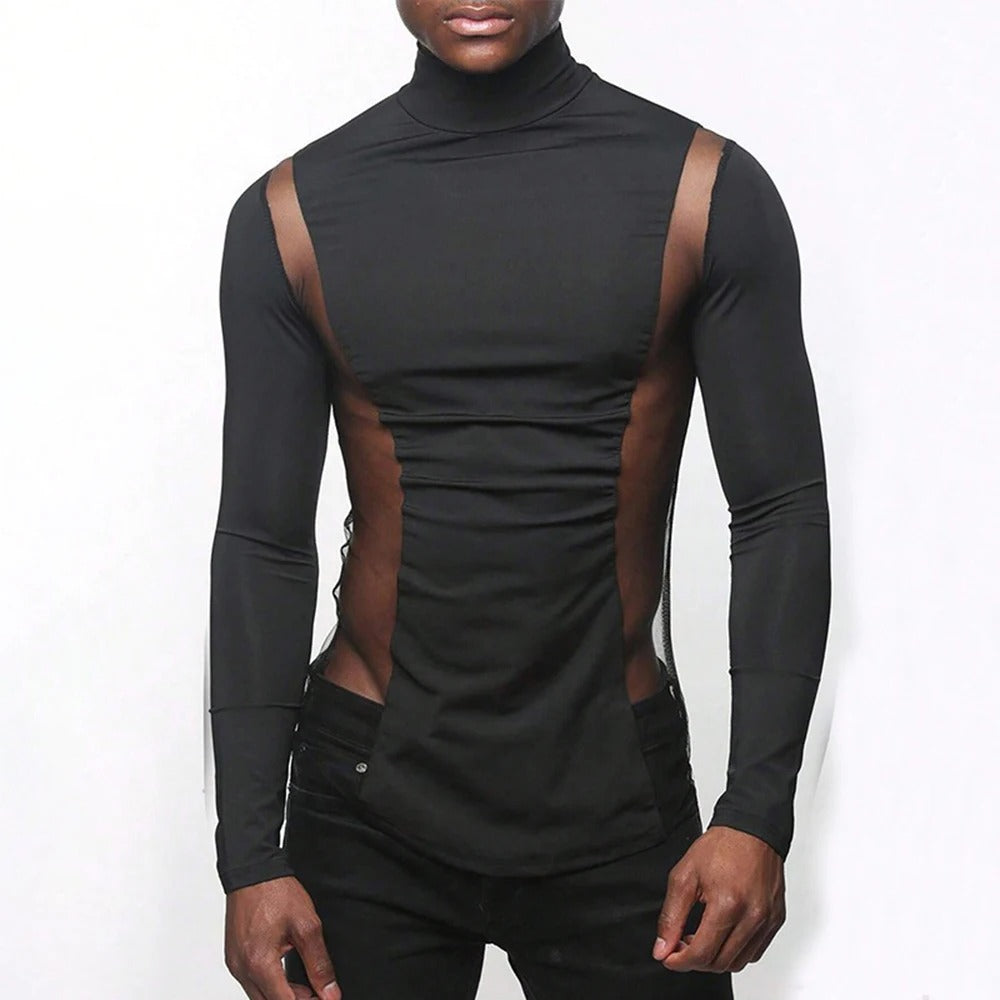 Sleek Noir Sheer Panel Turtleneck Bodysuit